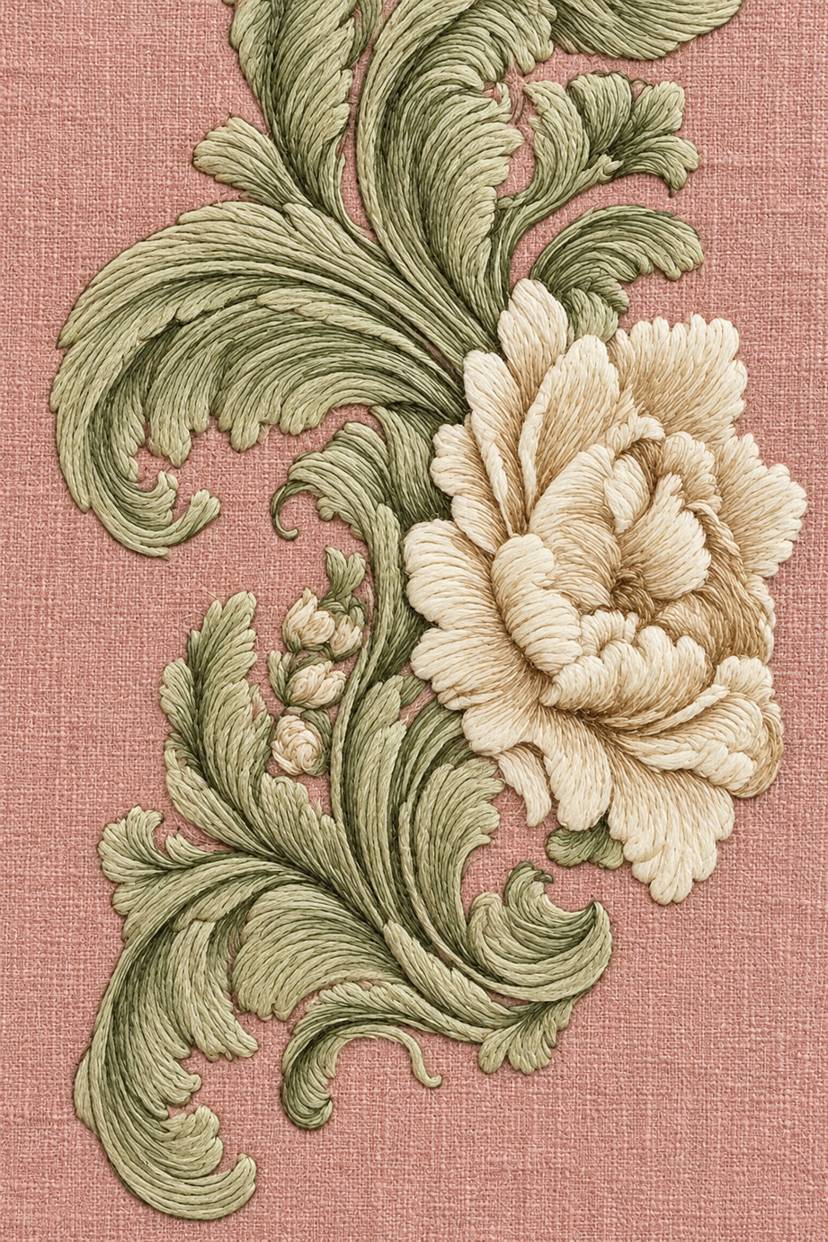 Warm ivory layered flower with muted sage curled acanthus leaves and small buds on dusty rose linen.