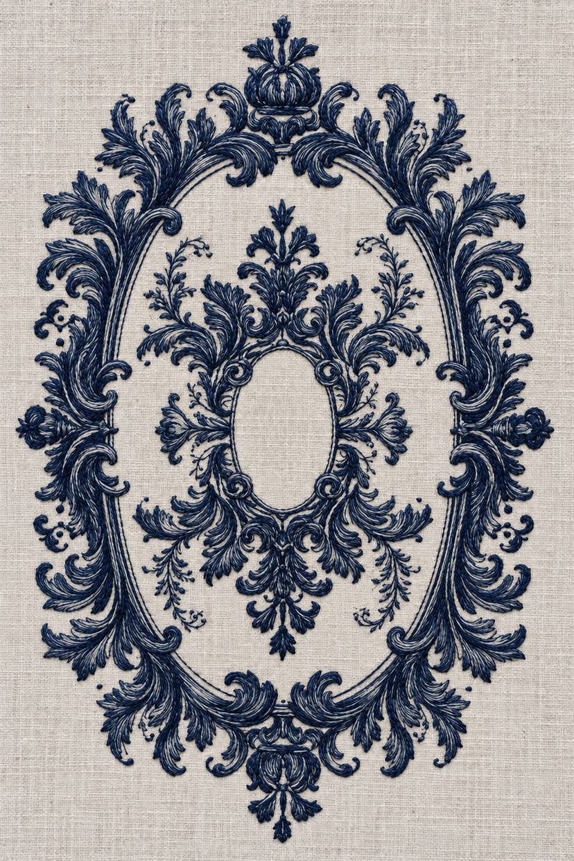 Deep navy double oval acanthus frame with ornamental finials and open centers on pale stone-grey linen.