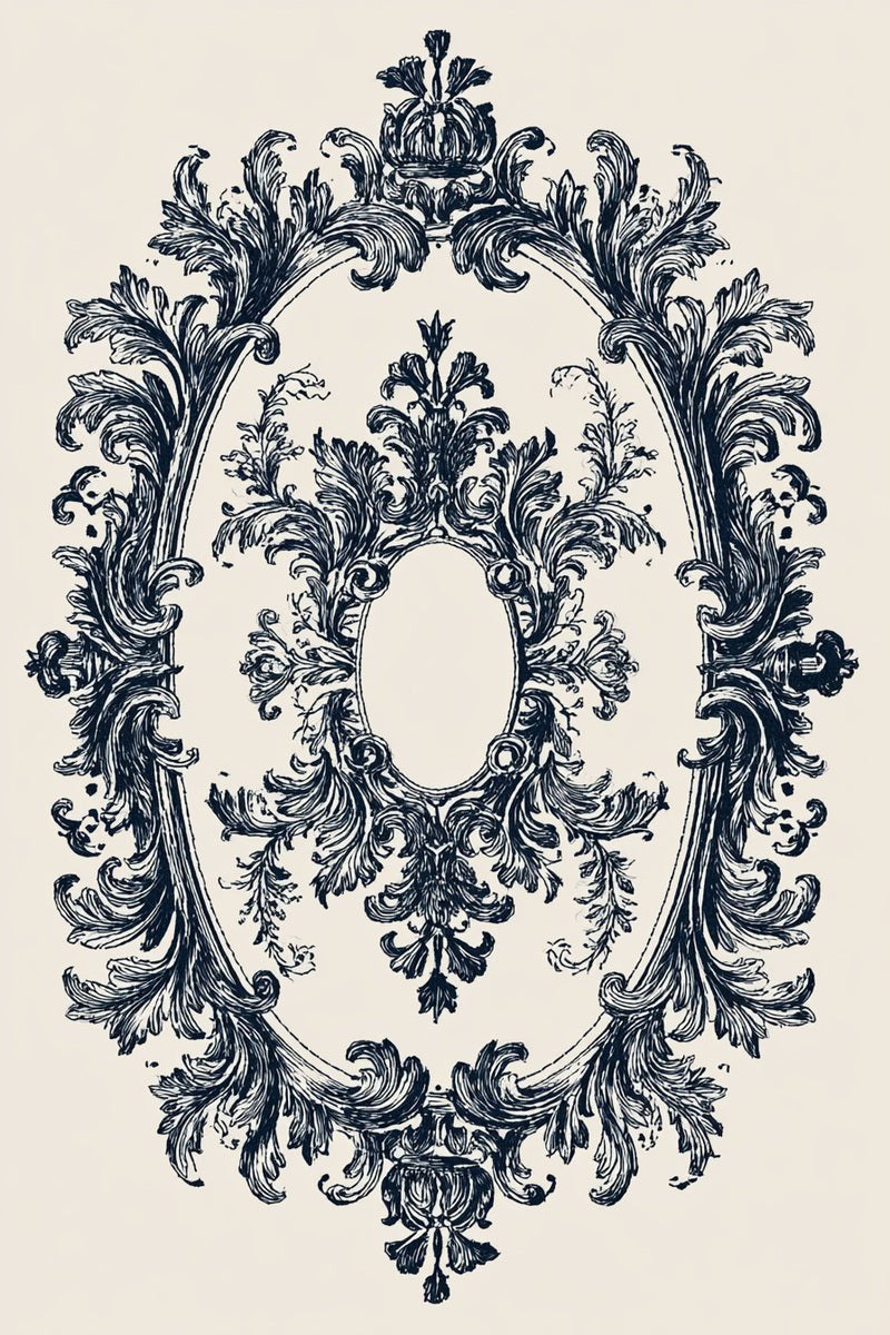 Original drawing of navy double oval acanthus frame from Baroque Scrollwork and Luxury Ornament Edition Three.