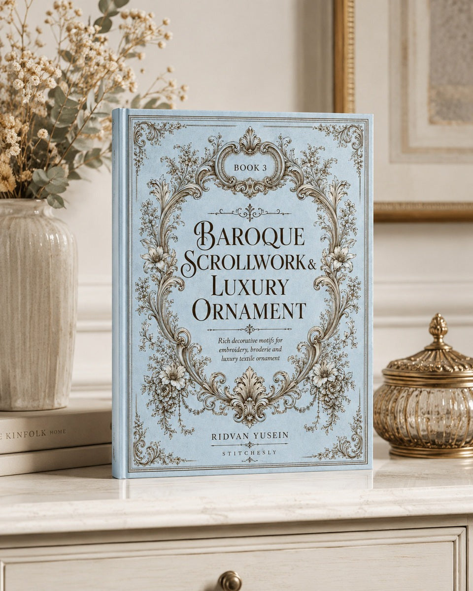 Baroque Scrollwork and Luxury Ornament Edition Three digital PDF book cover, standing book.