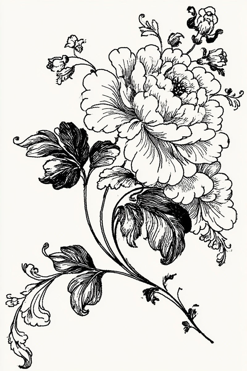 Original drawing of two layered flowers and curved branch from Baroque Scrollwork and Luxury Ornament Edition Three.