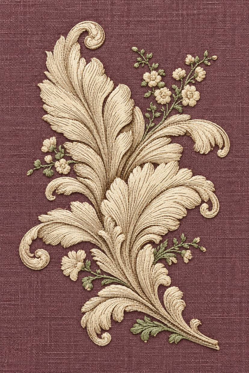Warm ivory scrolling acanthus leaves and tiny flowers with muted sage stems on dusty plum linen.
