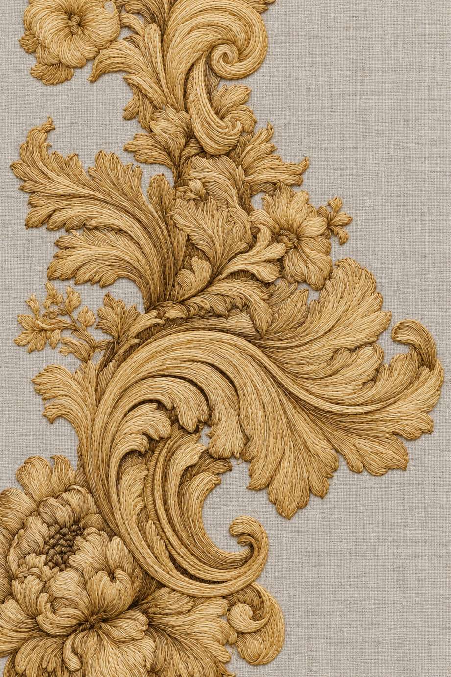 Antique-gold flowers and sweeping acanthus scrolls in fine cotton on pale stone-grey linen.
