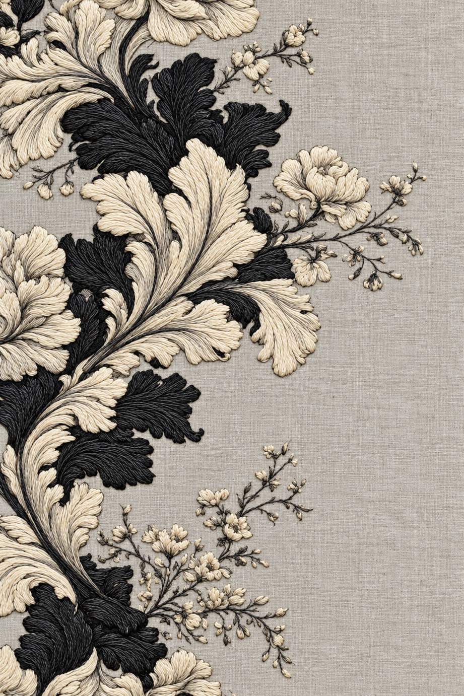 Charcoal and warm ivory acanthus foliage with delicate floral sprays along the edge of pale stone-grey linen.