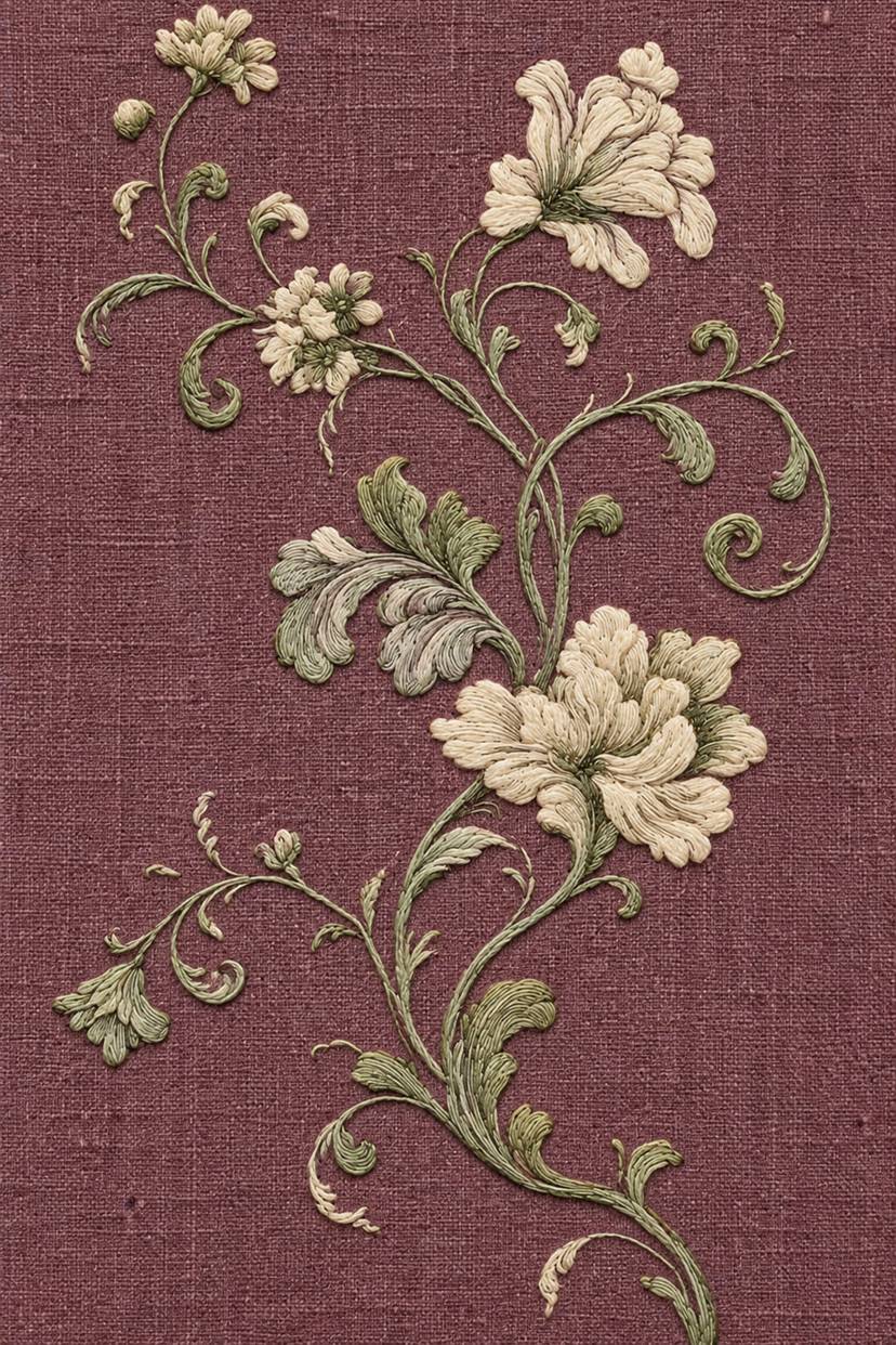 Warm ivory flowers and muted sage curling acanthus stems on dusty plum linen.