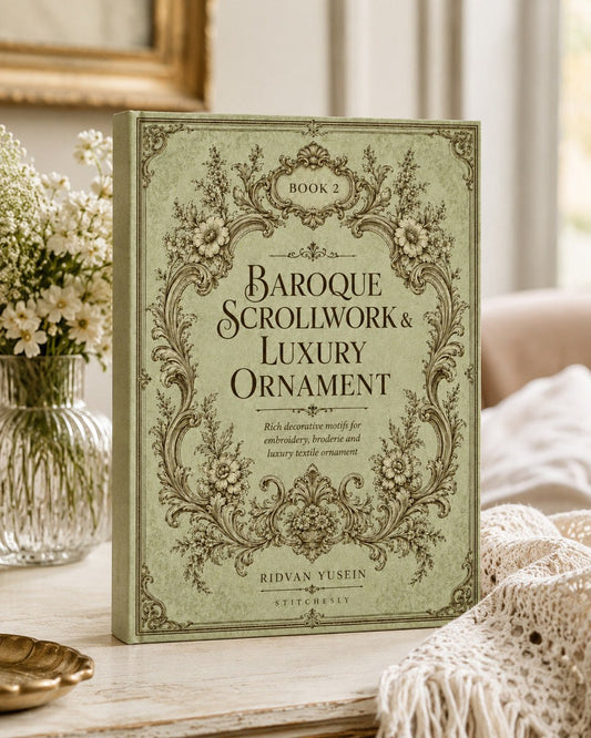 Baroque Scrollwork and Luxury Ornament Edition Two digital PDF book cover, linen scene.