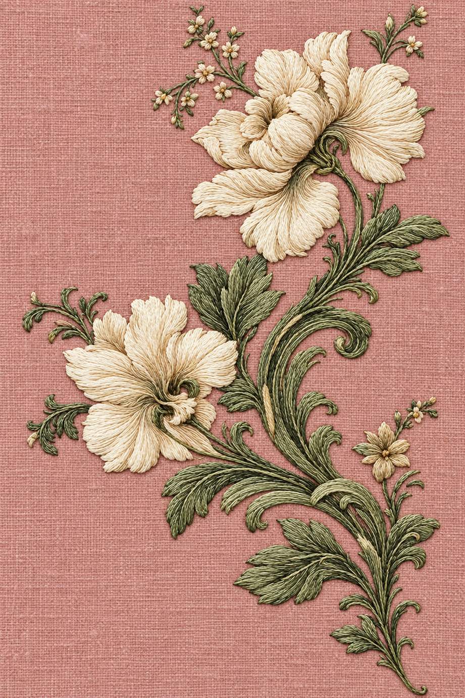 Warm ivory folded flowers with muted sage acanthus scrolls and small floral sprigs on dusty rose linen.