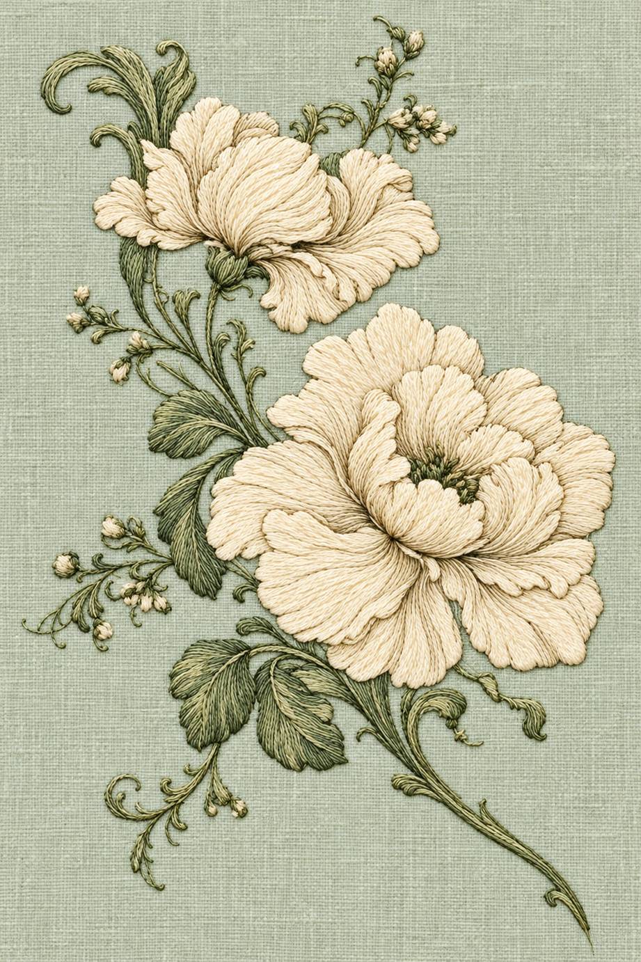 Two warm ivory layered flowers with muted sage leaves, curled stems and small blossom sprigs on pale celadon linen.