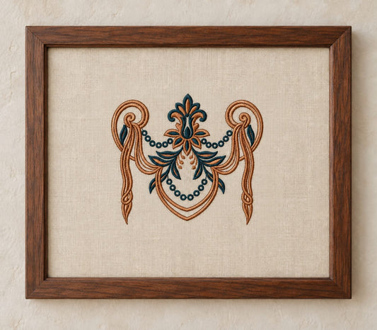 Walnut frame surrounding linen embroidered with a copper and dark teal baroque garland, shown straight on.