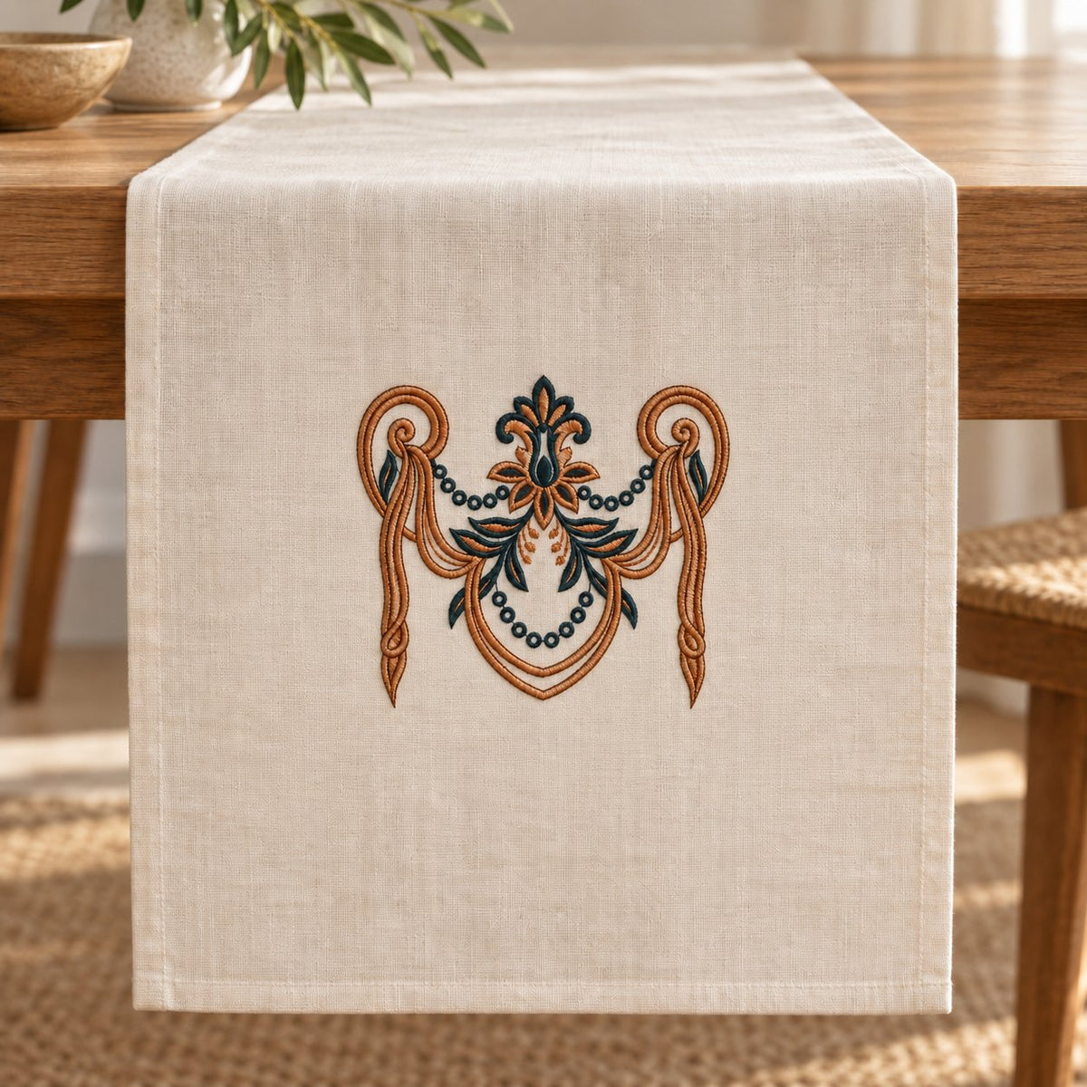 Ivory table runner hanging over an oak table, with one copper and teal baroque garland above the hem.