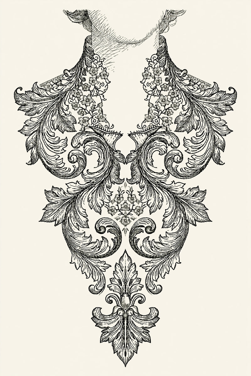 Baroque Neckline Ornament 02 from Neckline & Collar Embroidery Designs Book 2, a digital embroidery design reference for machine embroidery designs, embroidery patterns and garment placement ideas.