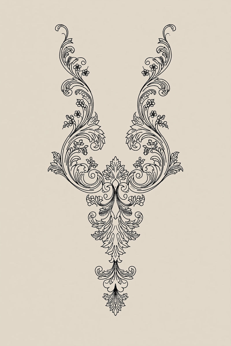 Baroque Neckline Ornament 02 from Neckline & Collar Embroidery Designs Book 4, a digital embroidery design reference for machine embroidery designs, embroidery patterns and garment placement ideas.