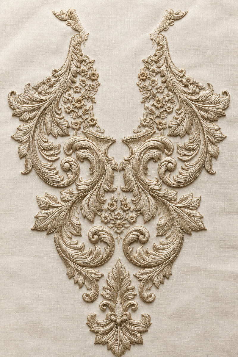 Baroque Neckline Ornament from Neckline & Collar Embroidery Designs Book 2, a digital embroidery design reference for machine embroidery designs, embroidery patterns and garment placement ideas.