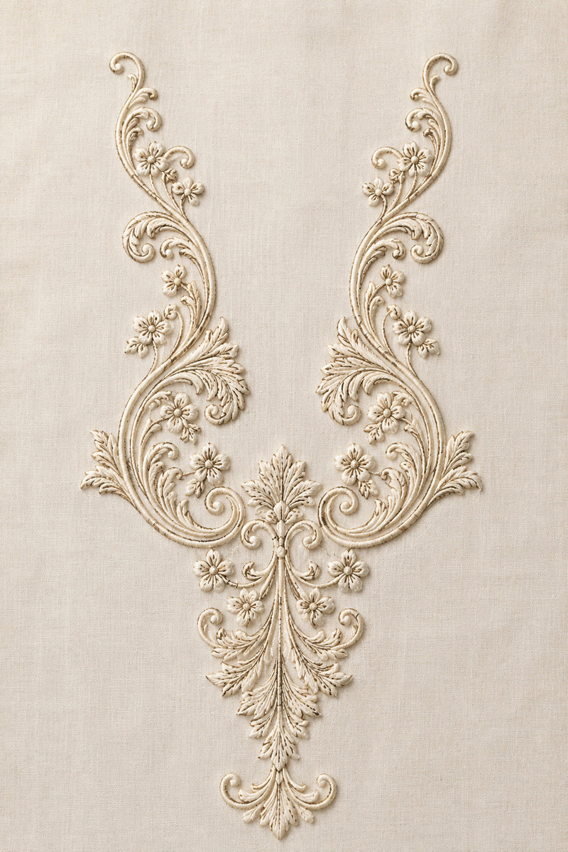 Baroque Neckline Ornament from Neckline & Collar Embroidery Designs Book 4, a digital embroidery design reference for machine embroidery designs, embroidery patterns and garment placement ideas.