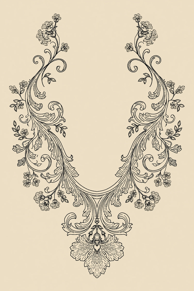 Baroque Round Neckline Motif 02 from Neckline & Collar Embroidery Designs Book 1, a digital embroidery design reference for machine embroidery designs, embroidery patterns and garment placement ideas.