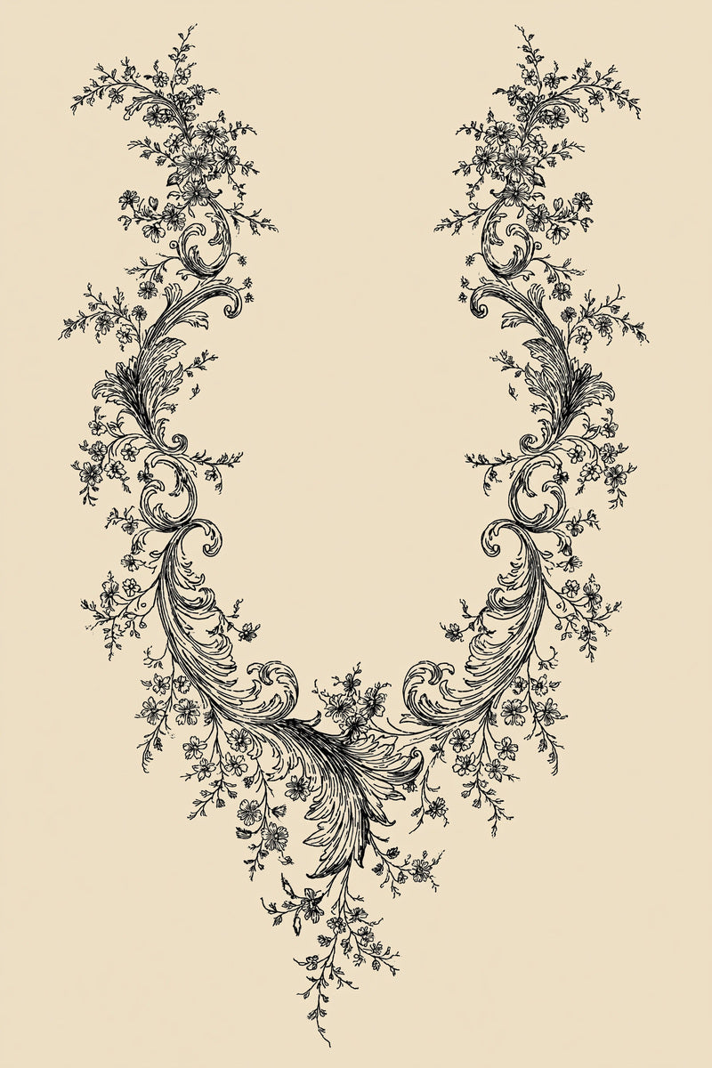 Baroque Round Neckline Motif 02 from Neckline & Collar Embroidery Designs Book 3, a digital embroidery design reference for machine embroidery designs, embroidery patterns and garment placement ideas.