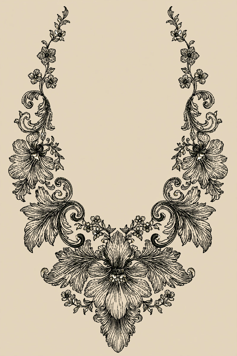 Baroque Round Neckline Motif 02 from Neckline & Collar Embroidery Designs Book 4, a digital embroidery design reference for machine embroidery designs, embroidery patterns and garment placement ideas.