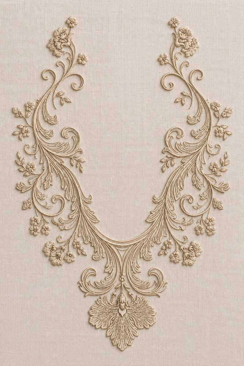 Baroque Round Neckline Motif from Neckline & Collar Embroidery Designs Book 1, a digital embroidery design reference for machine embroidery designs, embroidery patterns and garment placement ideas.