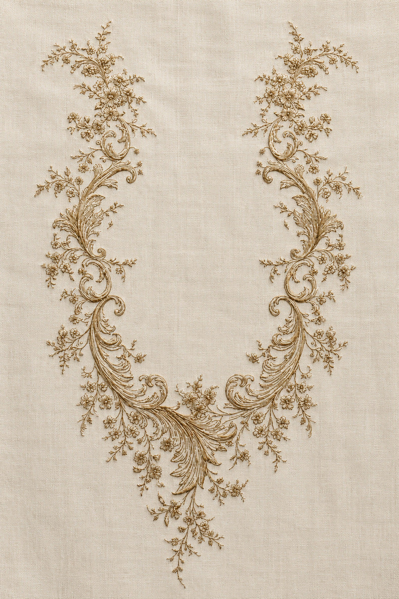 Baroque Round Neckline Motif from Neckline & Collar Embroidery Designs Book 3, a digital embroidery design reference for machine embroidery designs, embroidery patterns and garment placement ideas.