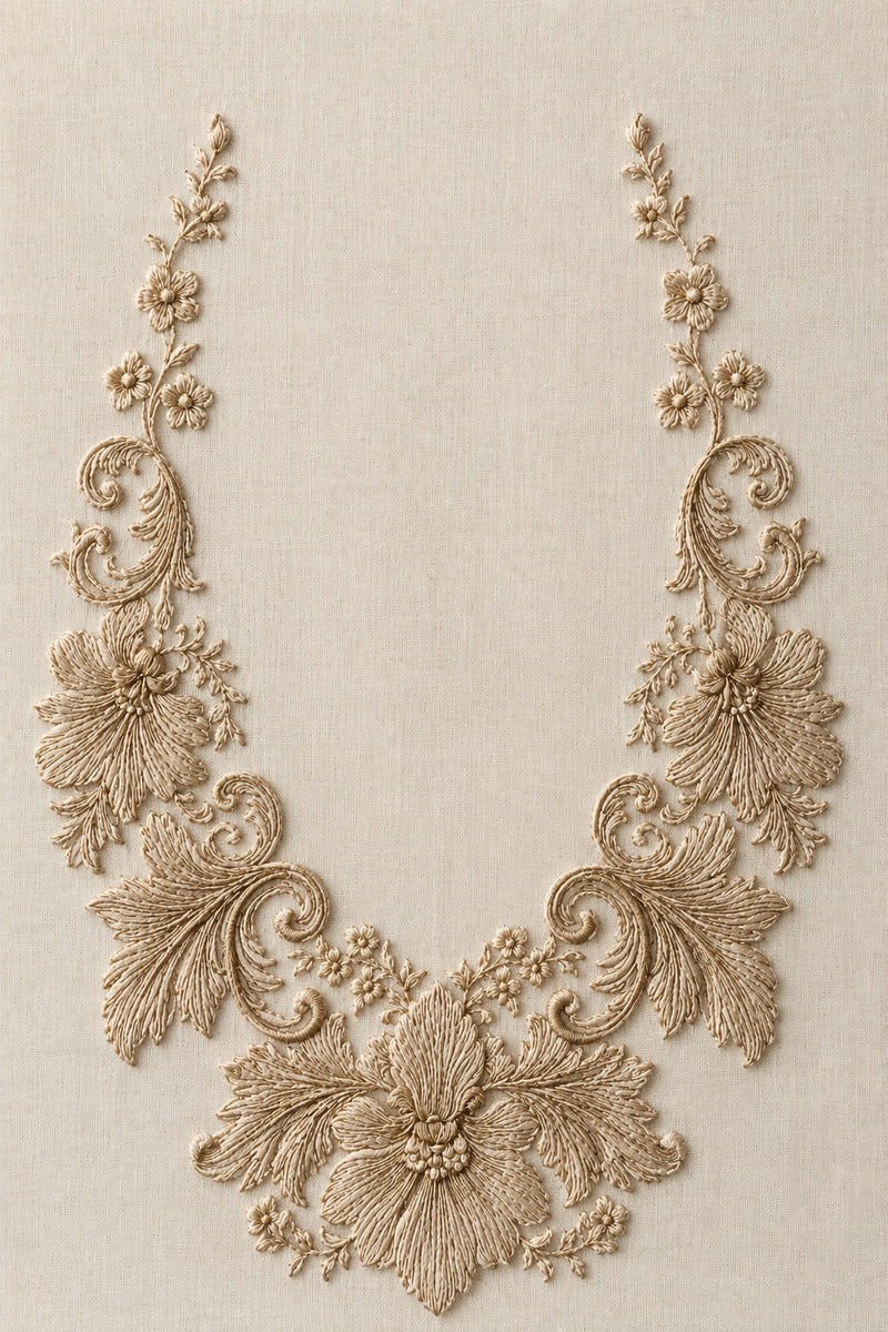 Baroque Round Neckline Motif from Neckline & Collar Embroidery Designs Book 4, a digital embroidery design reference for machine embroidery designs, embroidery patterns and garment placement ideas.