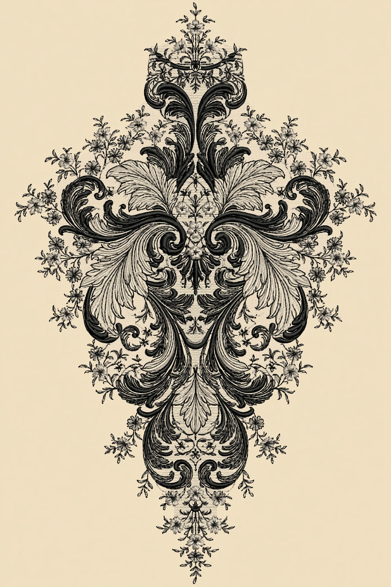 Baroque Shirt Front Ornament 02 from Neckline & Collar Embroidery Designs Book 3, a digital embroidery design reference for machine embroidery designs, embroidery patterns and garment placement ideas.