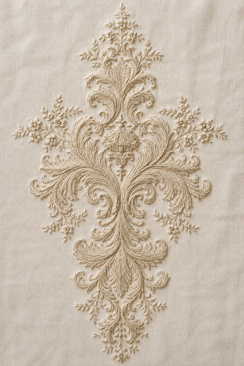 Baroque Shirt Front Ornament from Neckline & Collar Embroidery Designs Book 2, a digital embroidery design reference for machine embroidery designs, embroidery patterns and garment placement ideas.