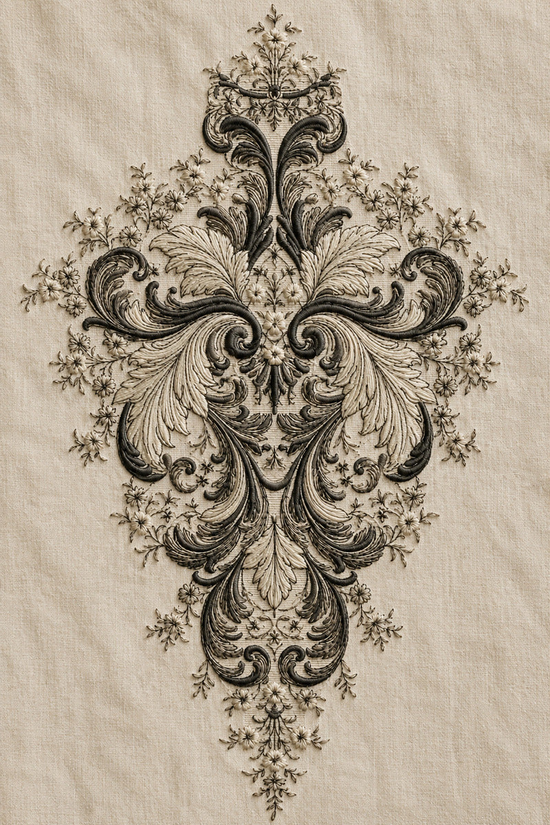 Baroque Shirt Front Ornament from Neckline & Collar Embroidery Designs Book 3, a digital embroidery design reference for machine embroidery designs, embroidery patterns and garment placement ideas.