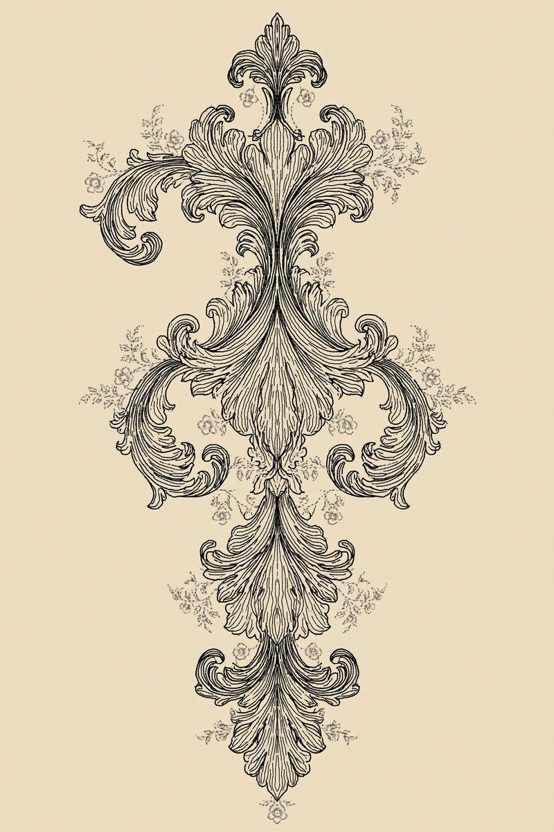 Baroque Shirt Front Ornament from Neckline & Collar Embroidery Designs Book 4, a digital embroidery design reference for machine embroidery designs, embroidery patterns and garment placement ideas.