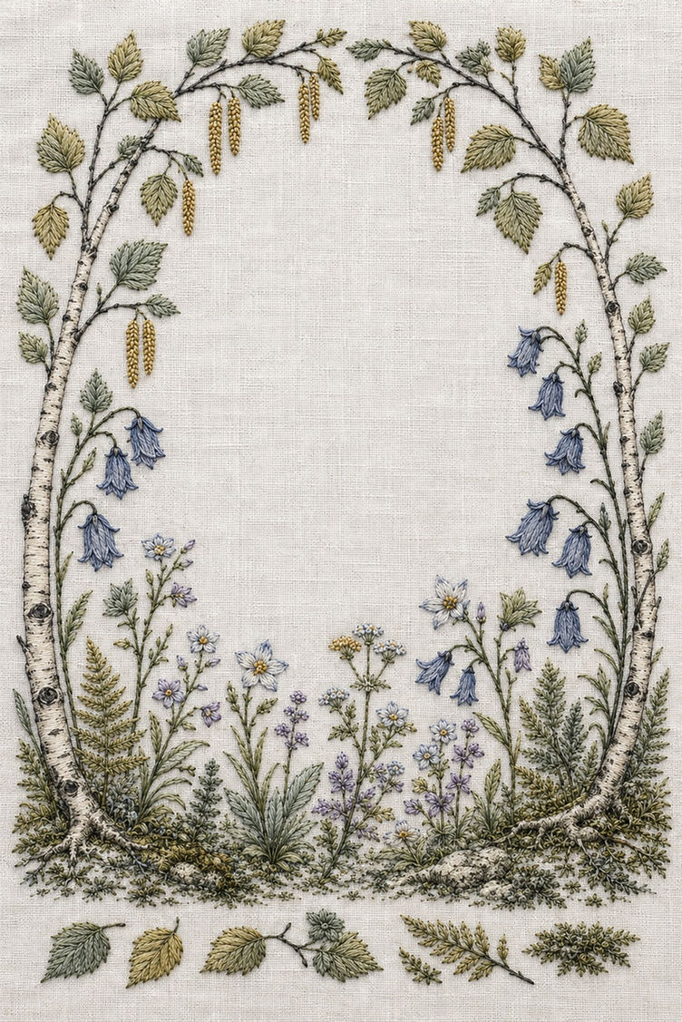 Illustrative embroidery design: A birch arch sits above hanging blue bellflowers and layered fern foliage.