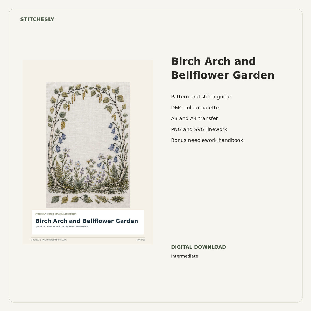 Birch Arch and Bellflower Garden PDF stitch guide cover, pattern files and bonus needlework handbook.