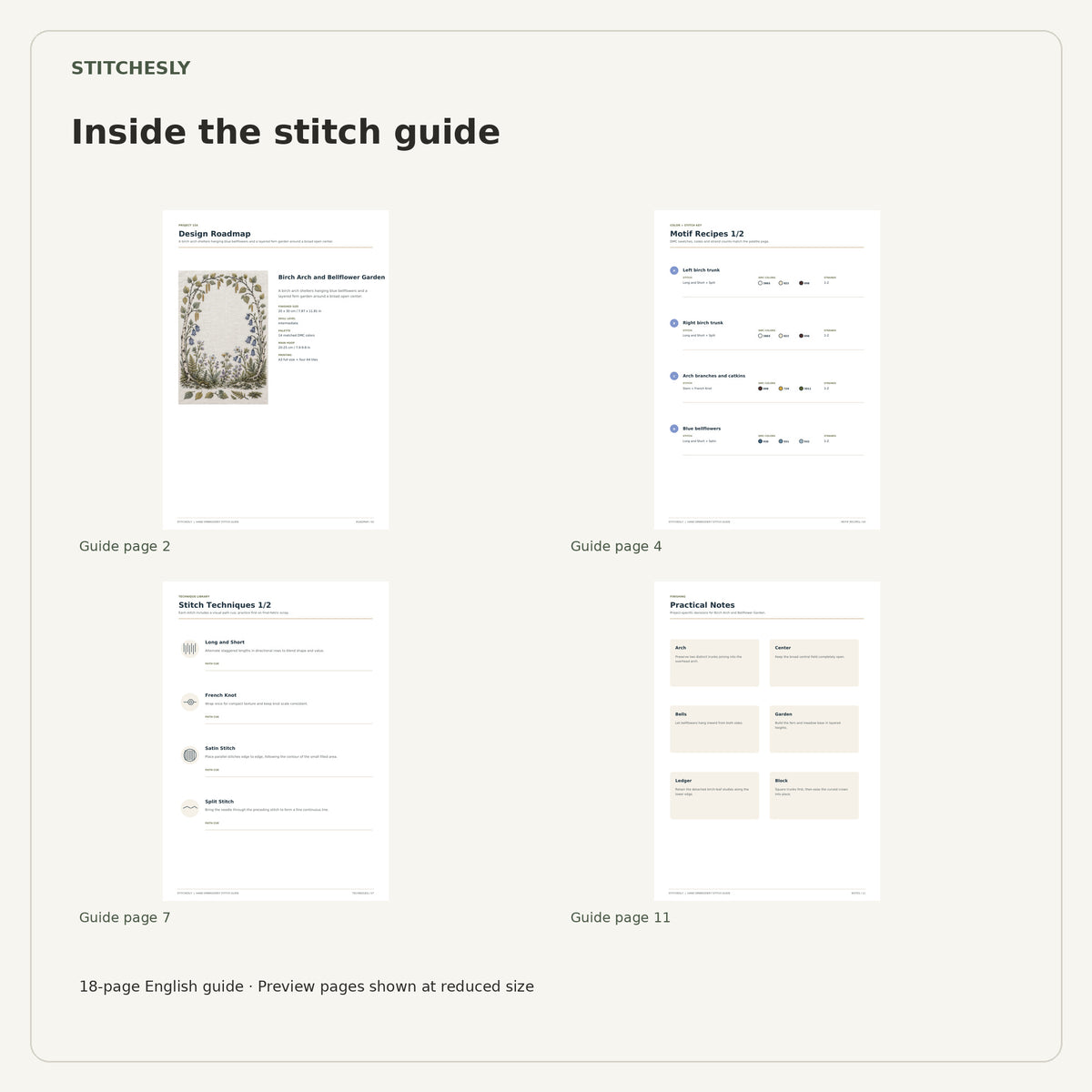 Four reduced-size preview pages from the 18-page Birch Arch and Bellflower Garden stitch guide.