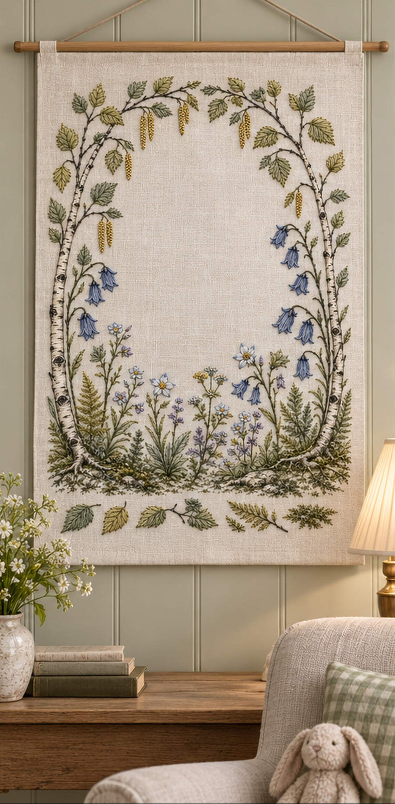 Framed botanical textile mockup featuring the Birch Arch and Bellflower Garden hand embroidery design. A birch arch sits above hanging blue bellflowers and layered fern foliage.