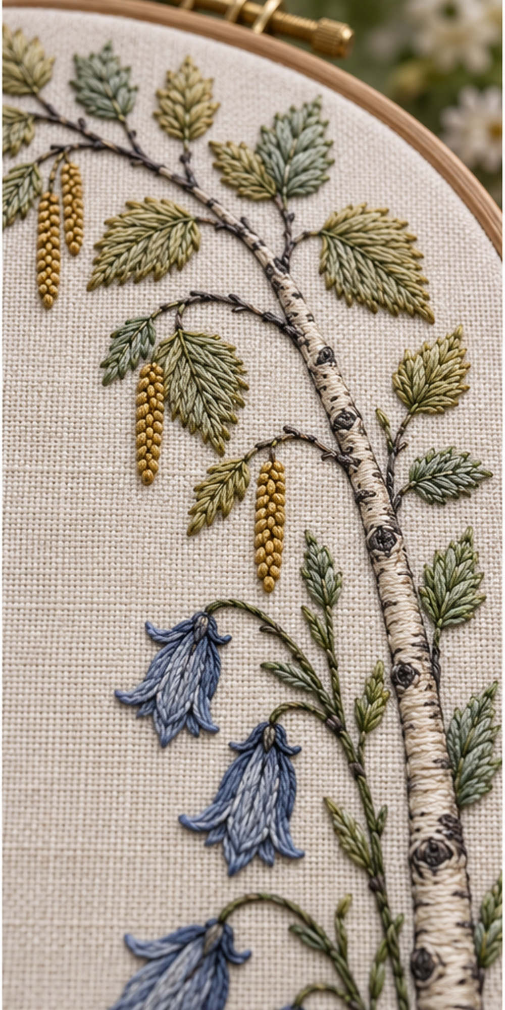 Bellflower textile close view mockup featuring the Birch Arch and Bellflower Garden hand embroidery design. A birch arch sits above hanging blue bellflowers and layered fern foliage.