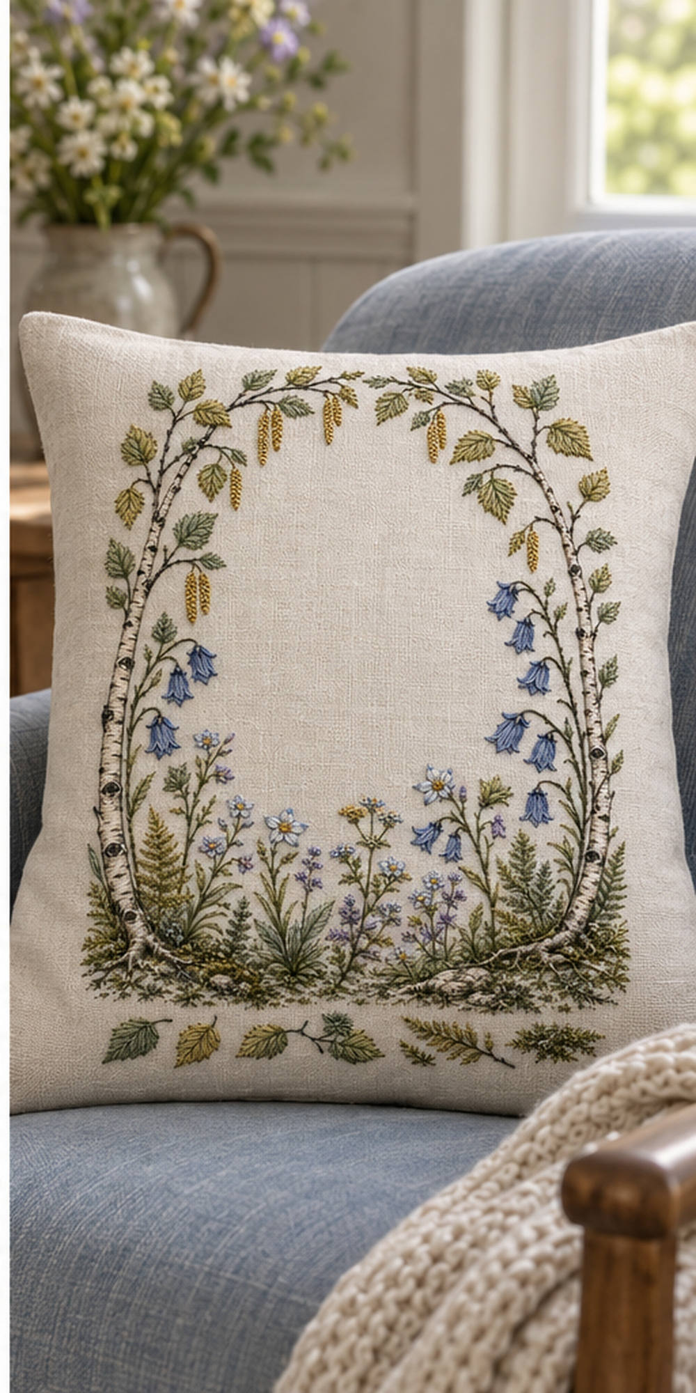 Linen cushion mockup featuring the Birch Arch and Bellflower Garden hand embroidery design. A birch arch sits above hanging blue bellflowers and layered fern foliage.