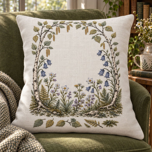 Linen cushion mockup featuring the Birch Arch and Bellflower Garden hand embroidery design. A birch arch sits above hanging blue bellflowers and layered fern foliage.