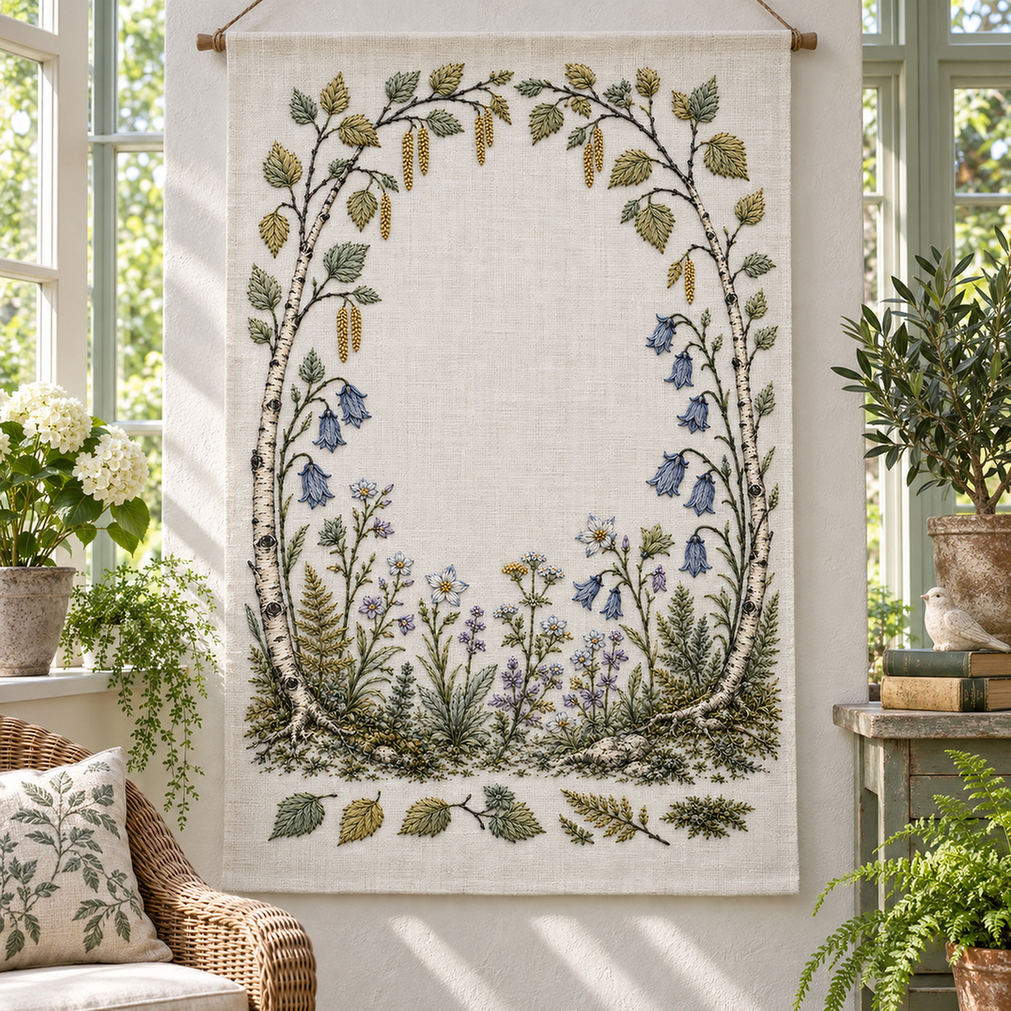 Hanging botanical panel mockup featuring the Birch Arch and Bellflower Garden hand embroidery design. A birch arch sits above hanging blue bellflowers and layered fern foliage.