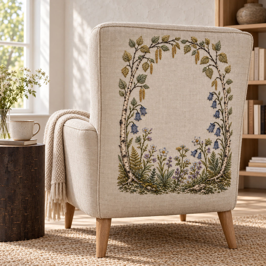 Linen panel on a chair mockup featuring the Birch Arch and Bellflower Garden hand embroidery design. A birch arch sits above hanging blue bellflowers and layered fern foliage.