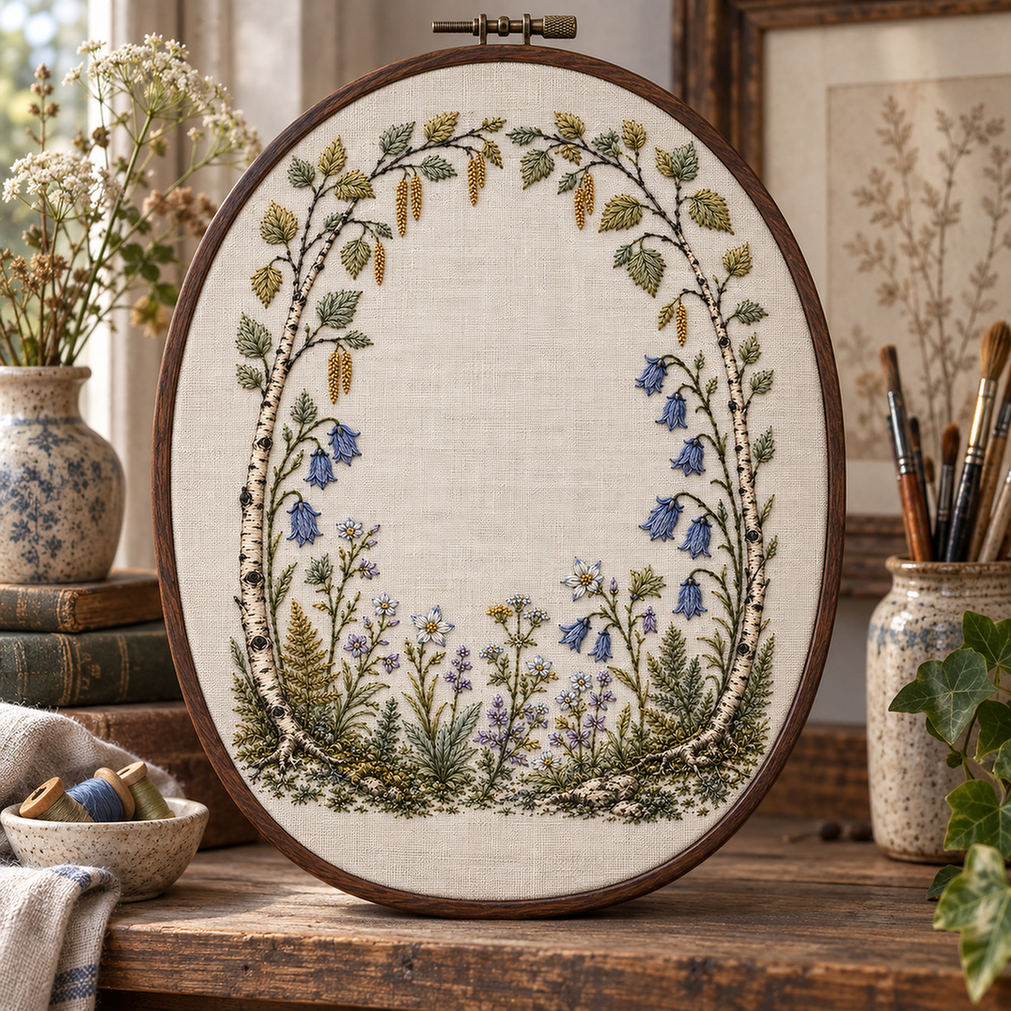 Embroidery hoop mockup featuring the Birch Arch and Bellflower Garden hand embroidery design. A birch arch sits above hanging blue bellflowers and layered fern foliage.