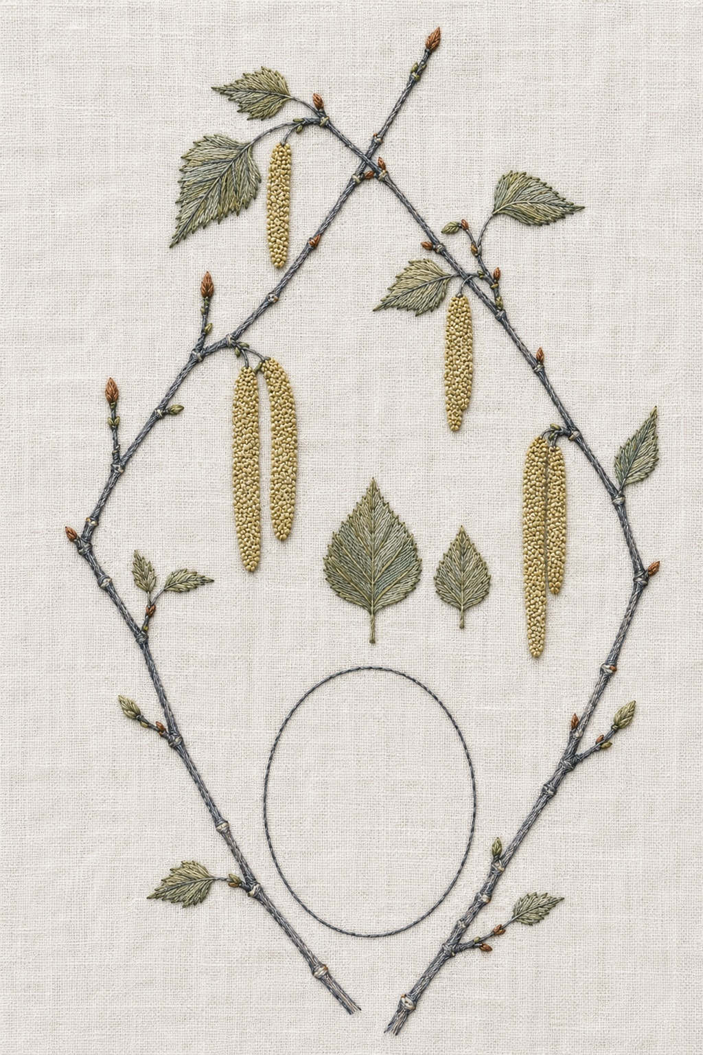 Illustrative embroidery design: Angular birch branches frame hanging catkins, central foliage and an unfilled oval.