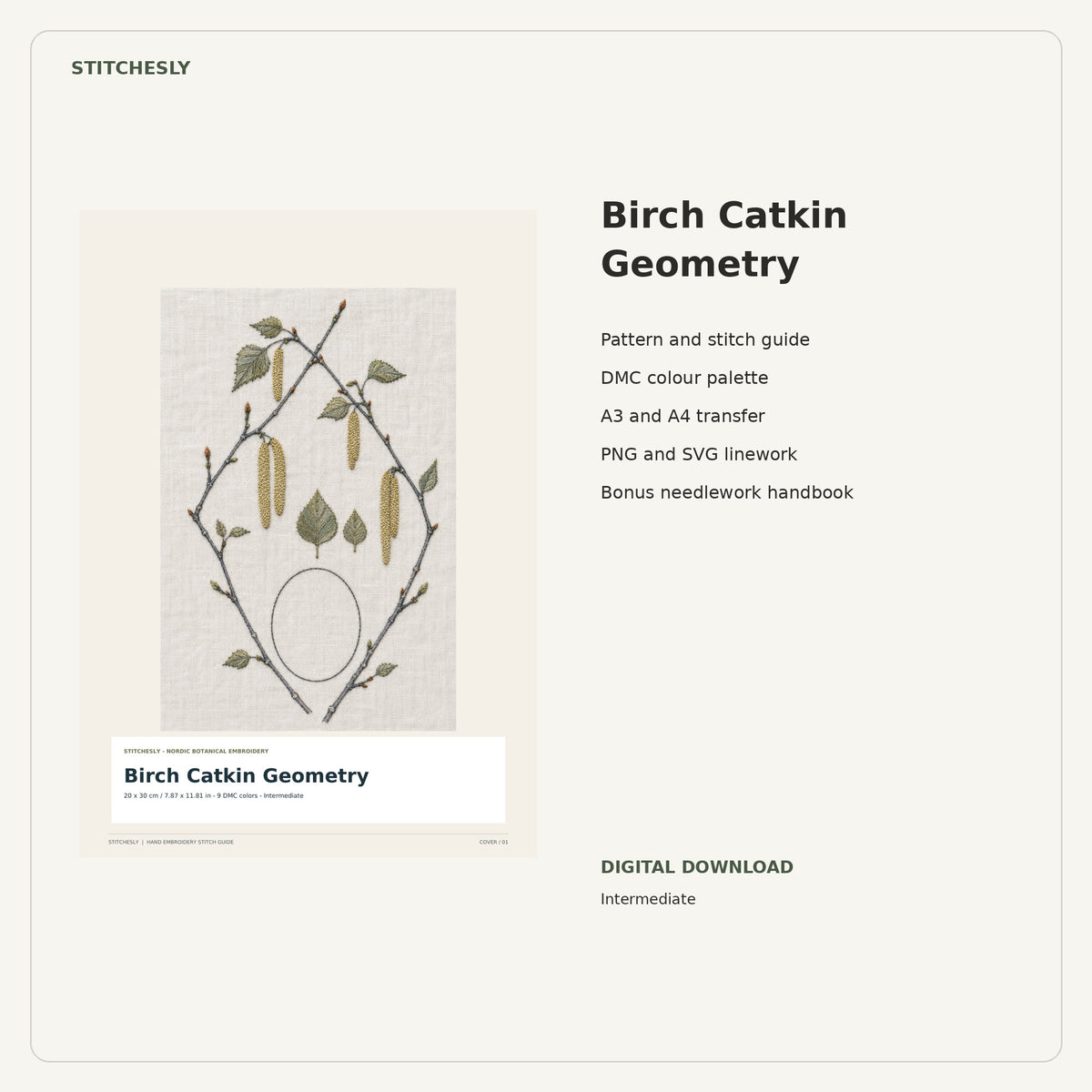 Birch Catkin Geometry PDF stitch guide cover, pattern files and bonus needlework handbook.