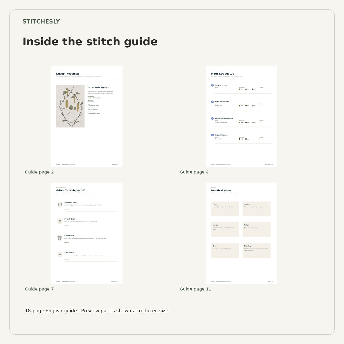 Four reduced-size preview pages from the 18-page Birch Catkin Geometry stitch guide.