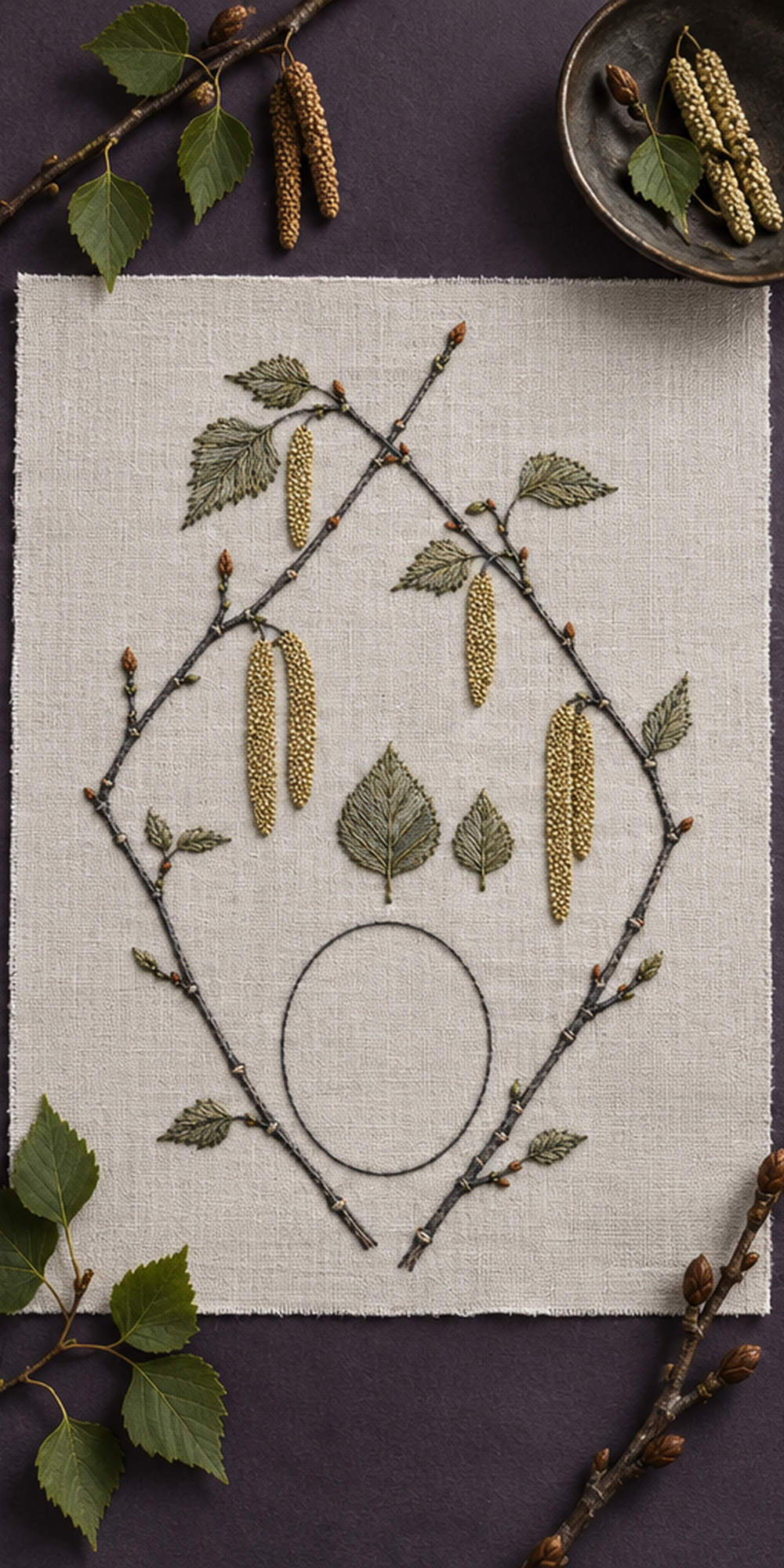 Botanical textile flat lay mockup featuring the Birch Catkin Geometry hand embroidery design. Angular birch branches frame hanging catkins, central foliage and an unfilled oval.