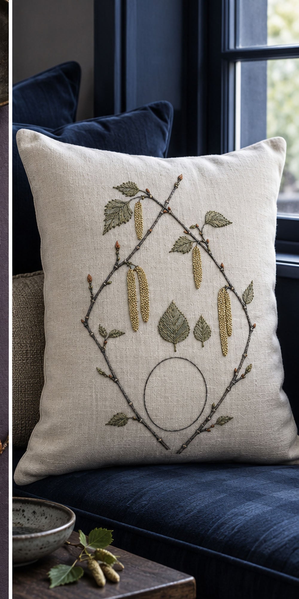 Linen cushion mockup featuring the Birch Catkin Geometry hand embroidery design. Angular birch branches frame hanging catkins, central foliage and an unfilled oval.