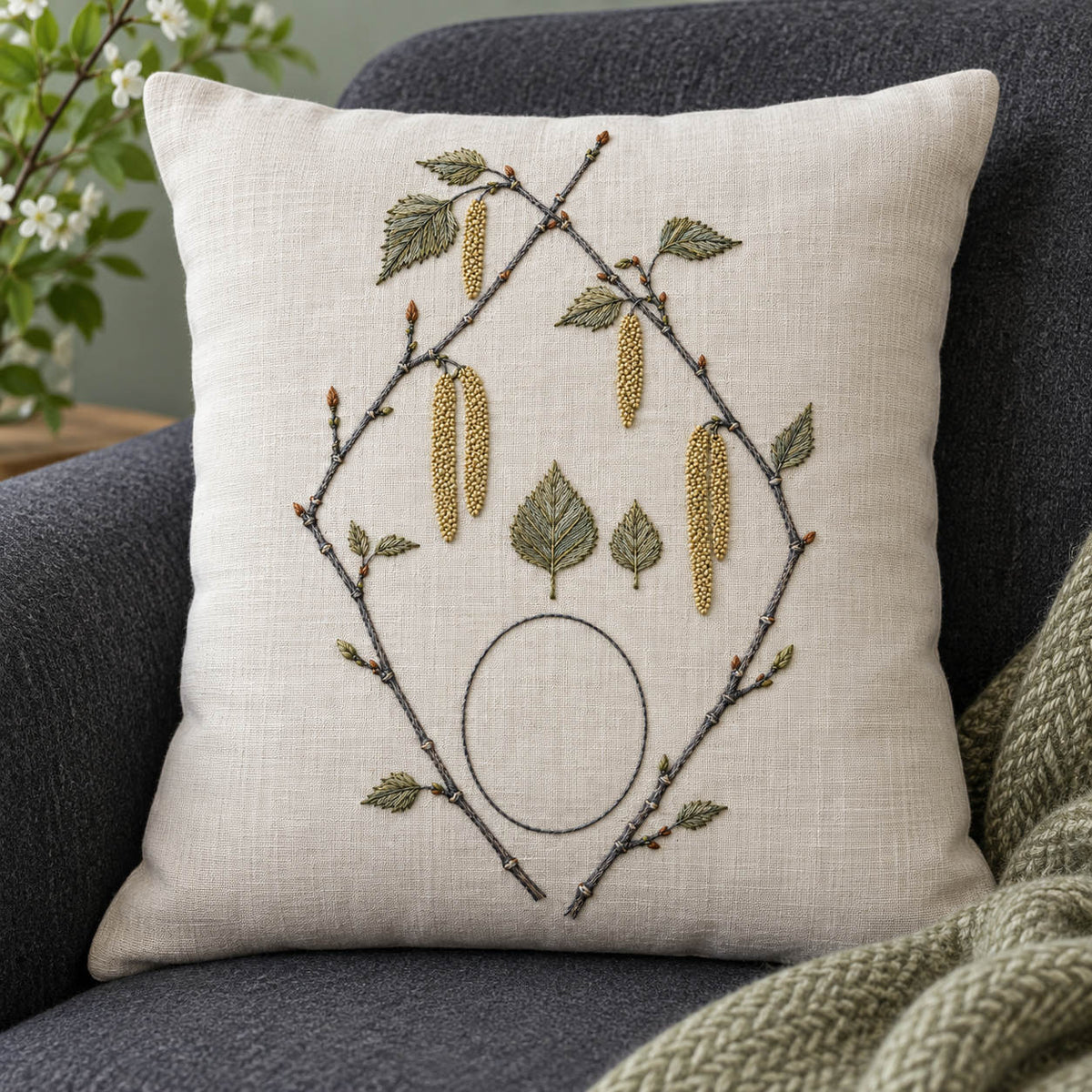 Linen cushion on a chair mockup featuring the Birch Catkin Geometry hand embroidery design. Angular birch branches frame hanging catkins, central foliage and an unfilled oval.