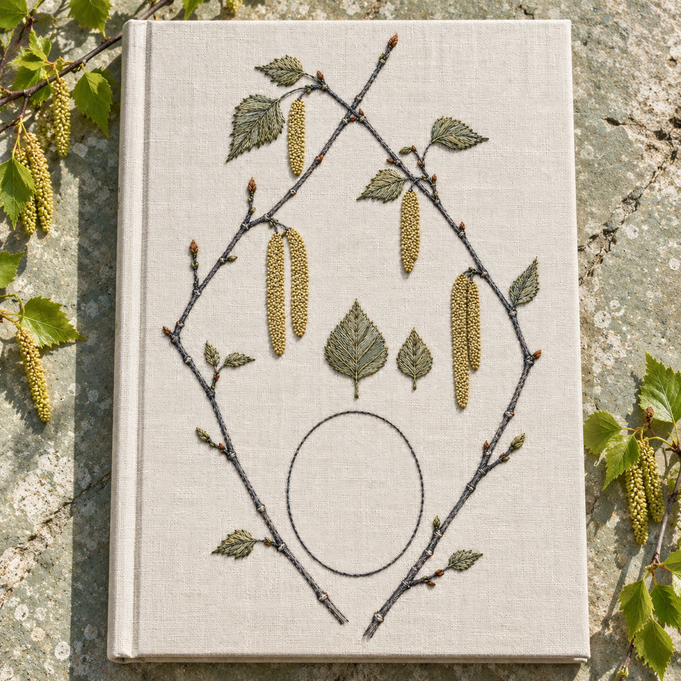 Framed botanical textile mockup featuring the Birch Catkin Geometry hand embroidery design. Angular birch branches frame hanging catkins, central foliage and an unfilled oval.