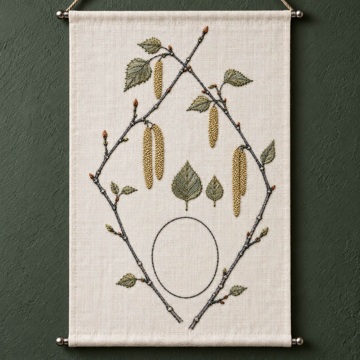 Linen notebook cover mockup featuring the Birch Catkin Geometry hand embroidery design. Angular birch branches frame hanging catkins, central foliage and an unfilled oval.