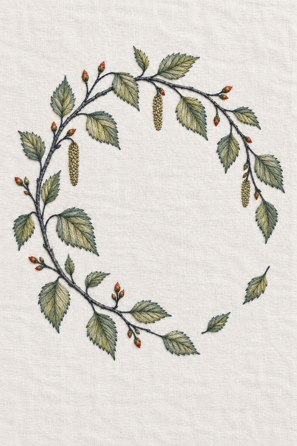 Illustrative embroidery design: Young birch branches and hanging catkins form a light wreath with a lower-right gap.