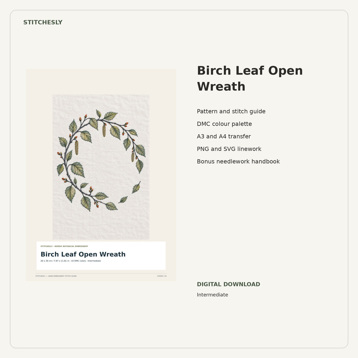 Birch Leaf Open Wreath PDF stitch guide cover, pattern files and bonus needlework handbook.