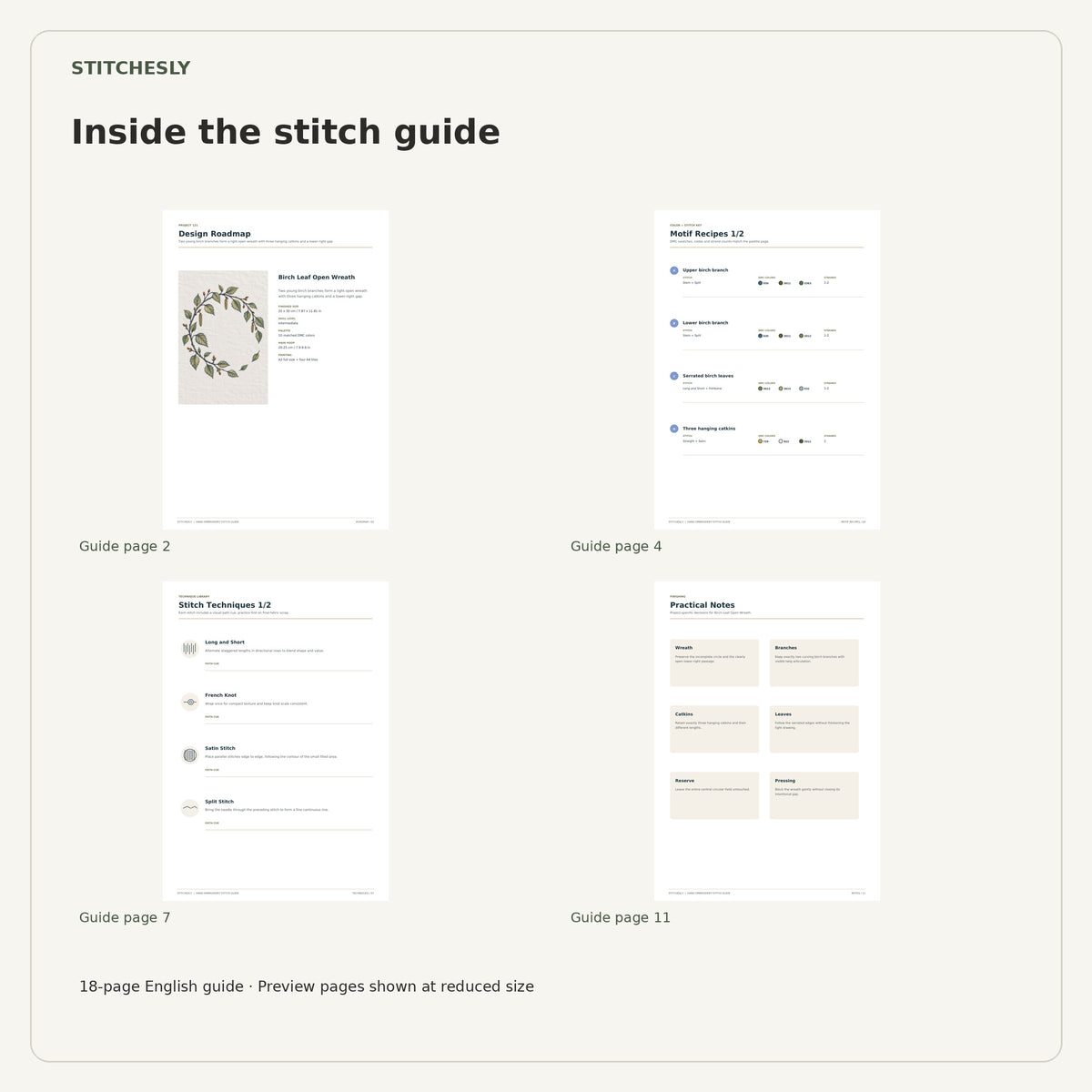 Four reduced-size preview pages from the 18-page Birch Leaf Open Wreath stitch guide.