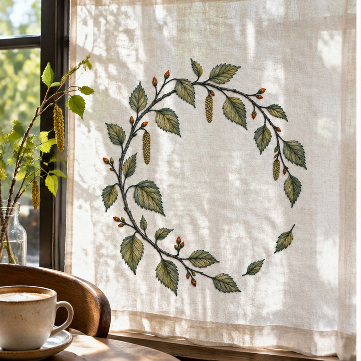 Hanging leaf wreath mockup featuring the Birch Leaf Open Wreath hand embroidery design. Young birch branches and hanging catkins form a light wreath with a lower-right gap.